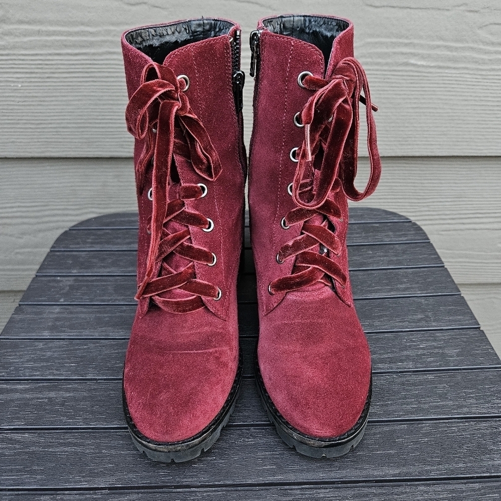 Coach Jadyn Suede Lace Up Combat Boots Satin Laces Wine Red Punk Goth Size 6 B - Picture 4 of 16